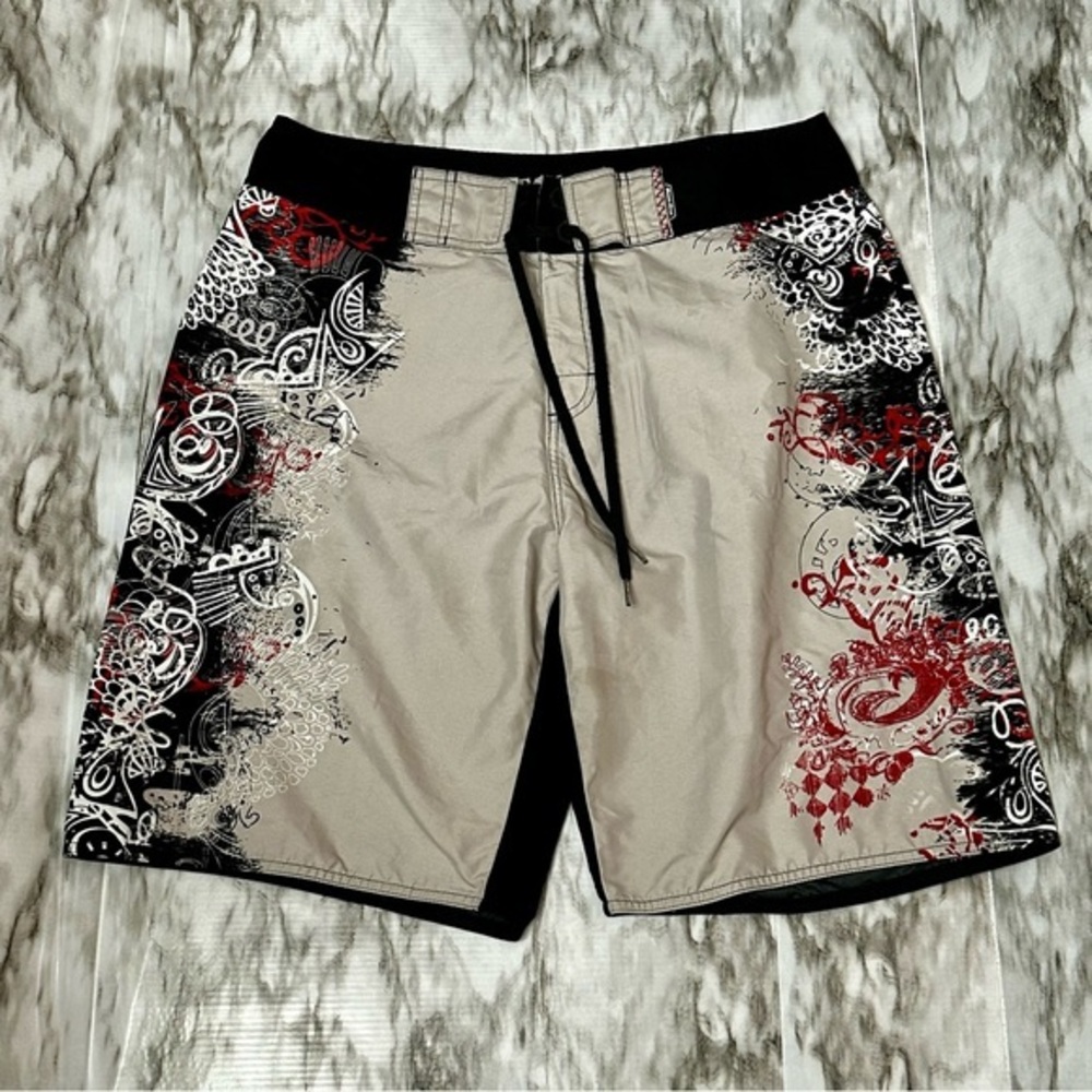 Stylish Men's Swim Shorts - Black and Red Graphic Design Y2K Board Shorts  Vacay